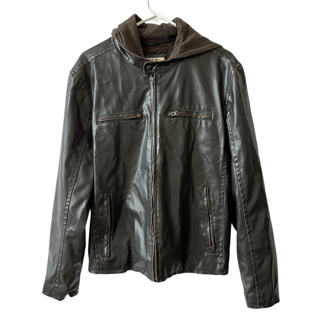 VINTAGE LEVIS VEGAN LEATHER JACKET MEN M FAUX FUR LINED HOOD BIKER STREETWEAR